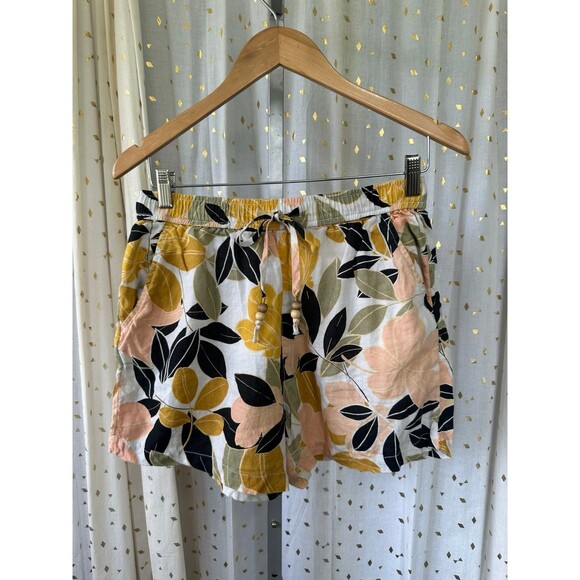 Rachel Zoe 100% Linen Tropical 4 Pocket Elastic Waist Front Tie Pull On Shorts M - Picture 2 of 4